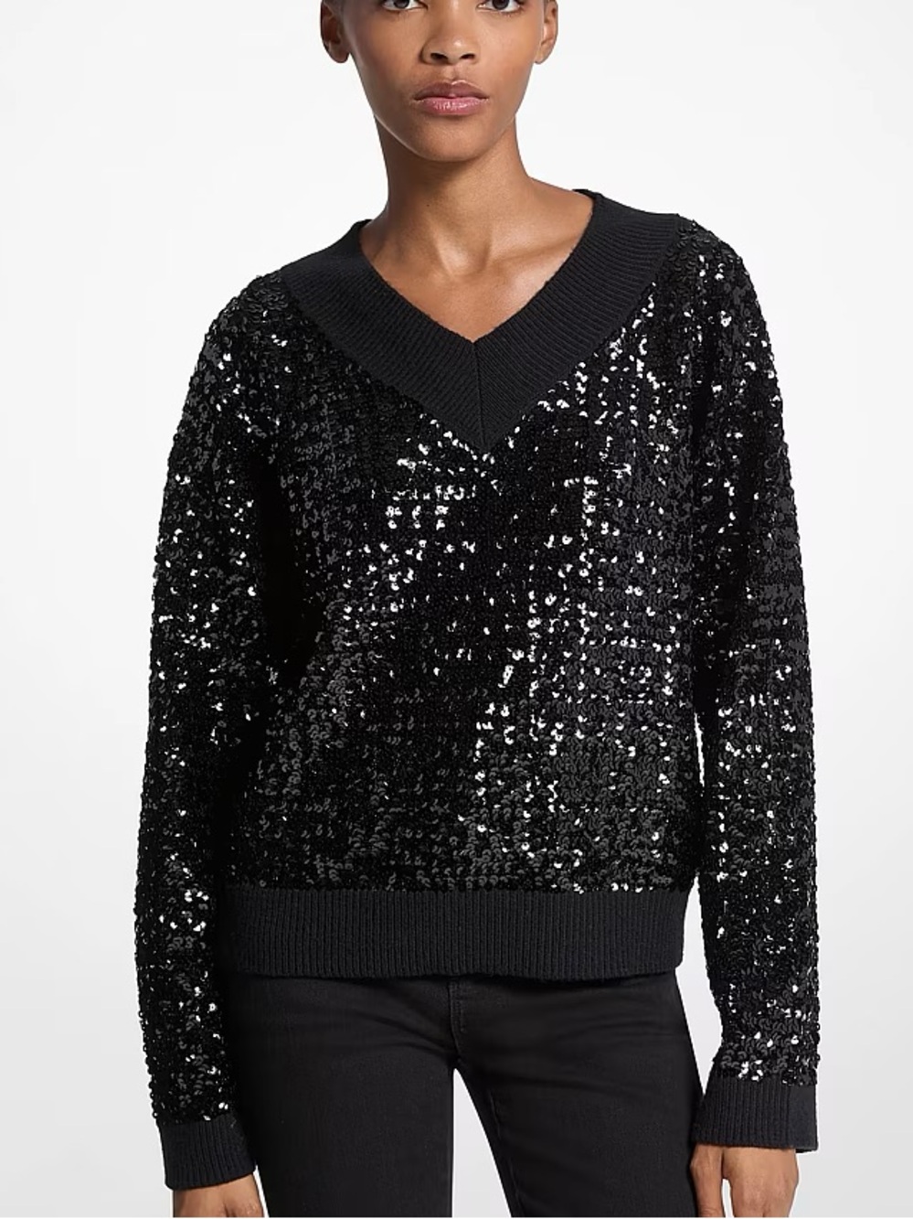 Michael Kors Black Sequin V-Neck Sweater Pullover